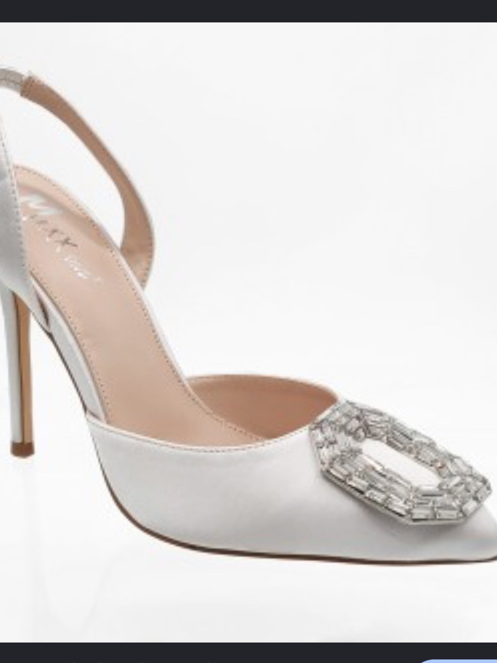 Fashion Nova White Satin Pointed Slingback Flats with Crystal Embellishment